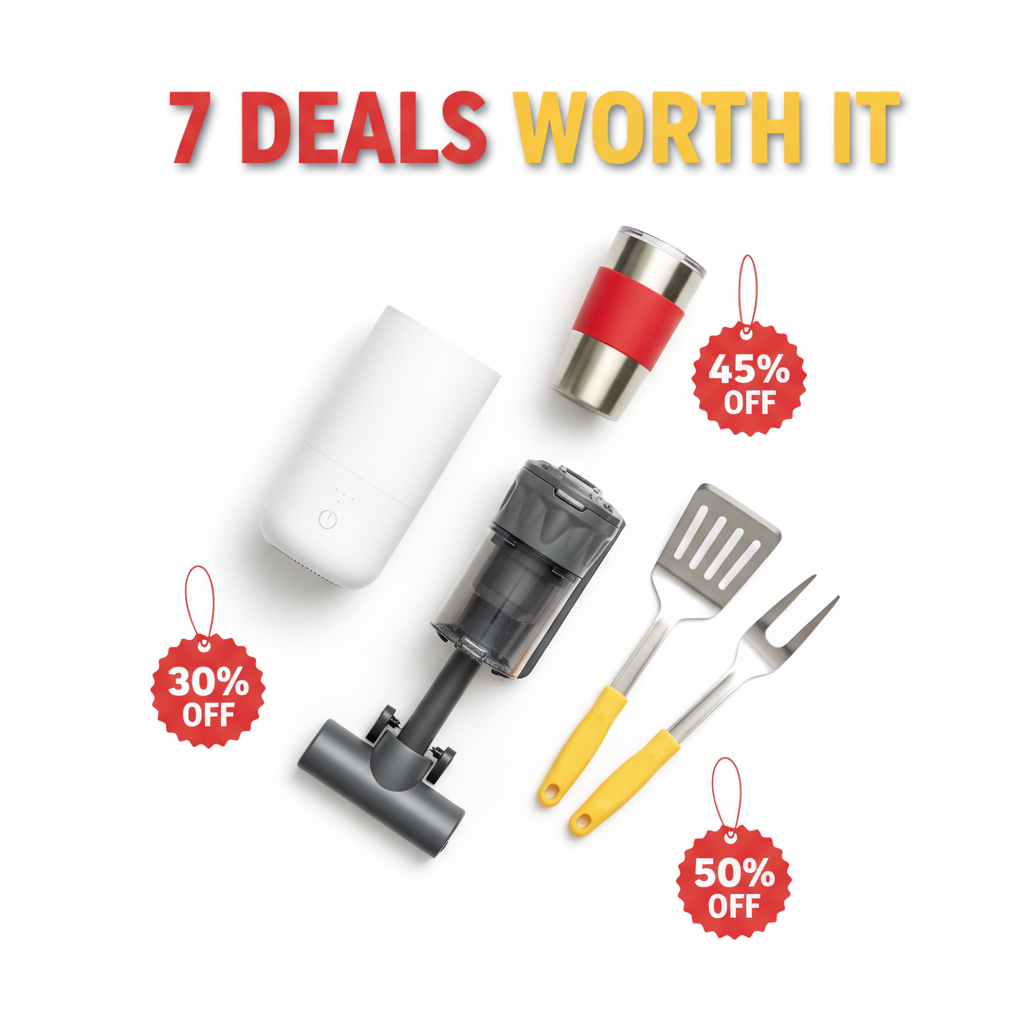 Flat lay of discounted home goods including a humidifier, compact vacuum, travel mug, and grilling tools with sale tags