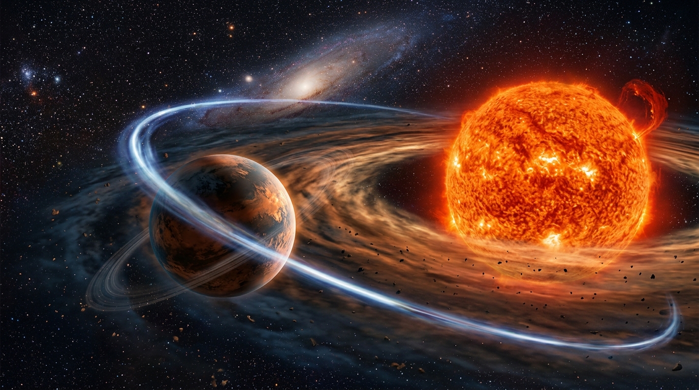 Artist's rendering of a blue sub-Neptune exoplanet orbiting a small red dwarf star in a dramatic tilted backwards orbit against a starfield, space news thumbnail with bold text overlay