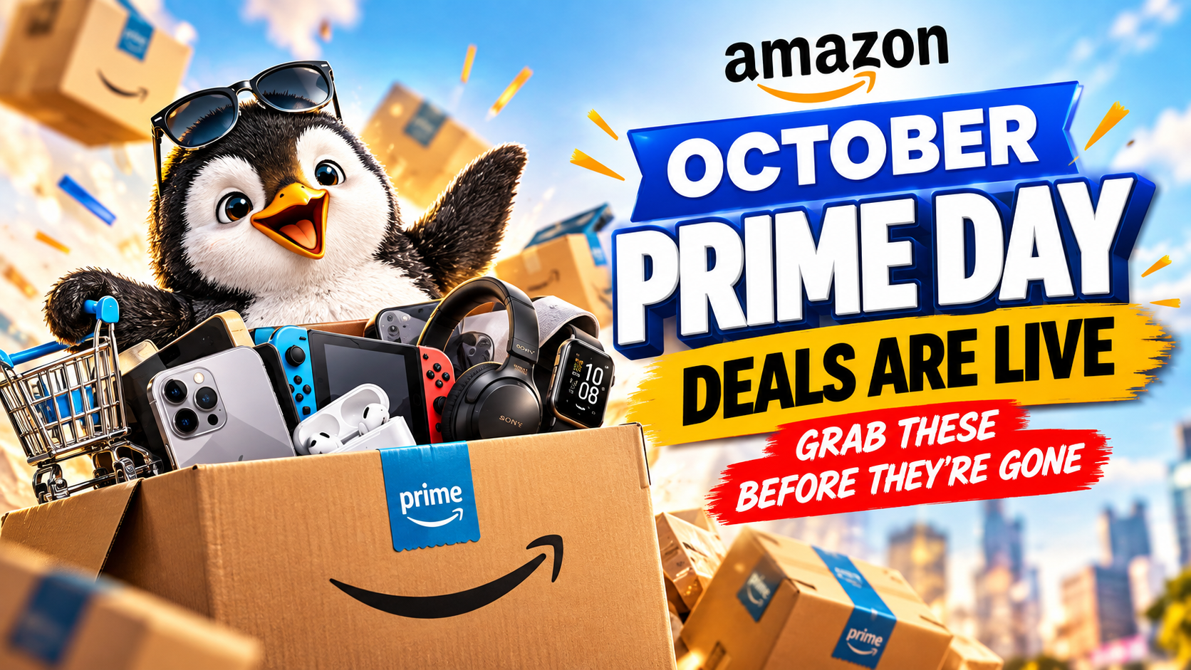 Amazon Prime Day October 2026 shopping deals with delivery boxes and smart devices, bold clickbait style news thumbnail with text overlay