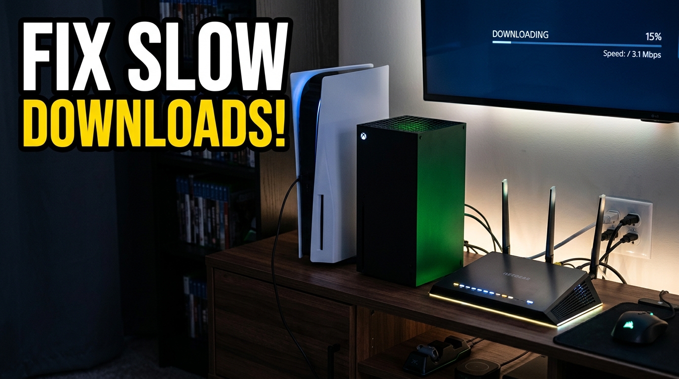 A PlayStation 5 and Xbox Series X console sitting next to a glowing internet router.