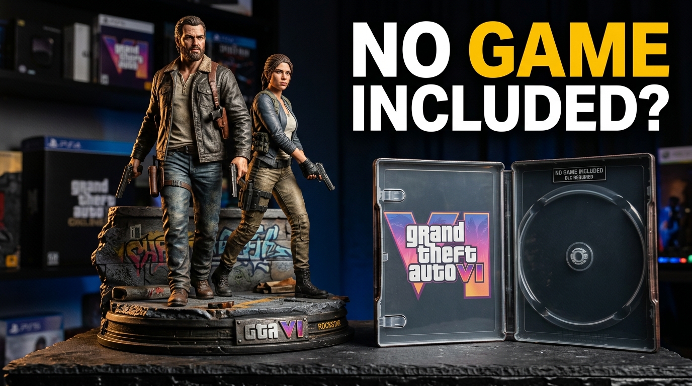 A massive empty steelbook game case sitting next to a highly detailed resin statue of Jason and Lucia.