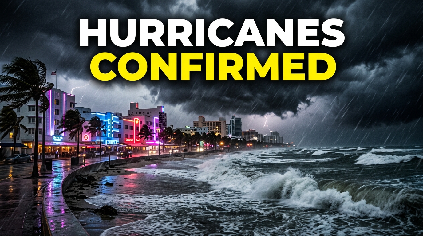A massive dark tropical storm rolling over a neon-lit Miami style beach city with palm trees blowing in the wind.