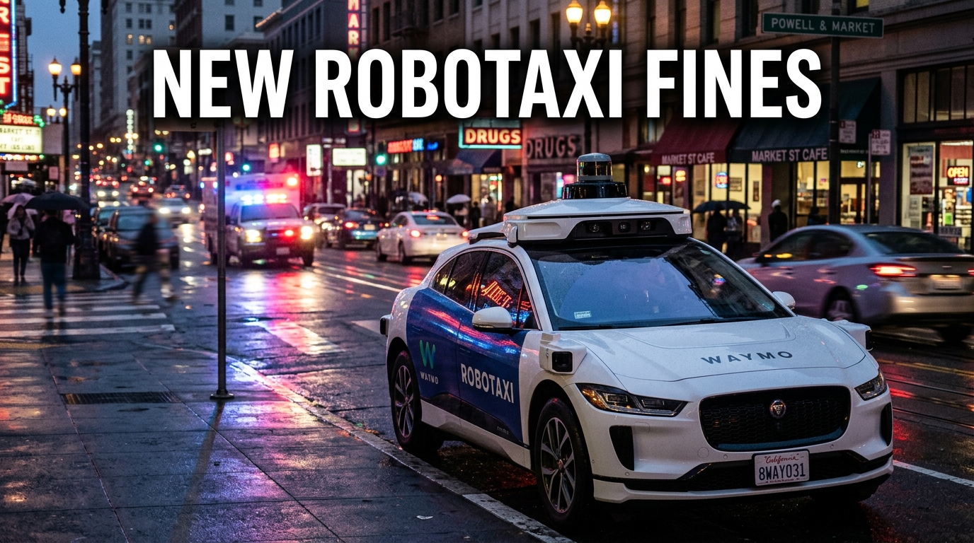 An autonomous robotaxi stopped on an urban street near emergency vehicle lights