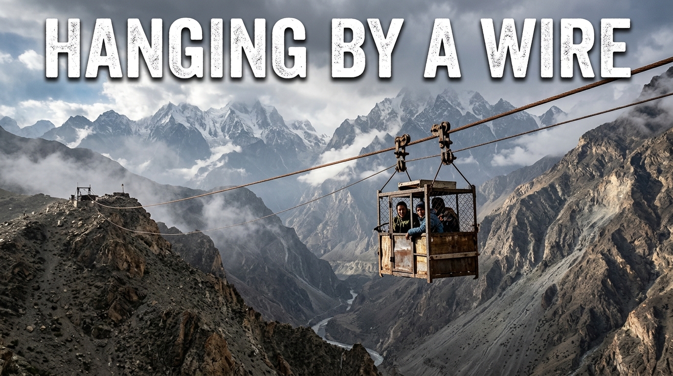 A cable car suspended high above a mountainous valley in northern Pakistan