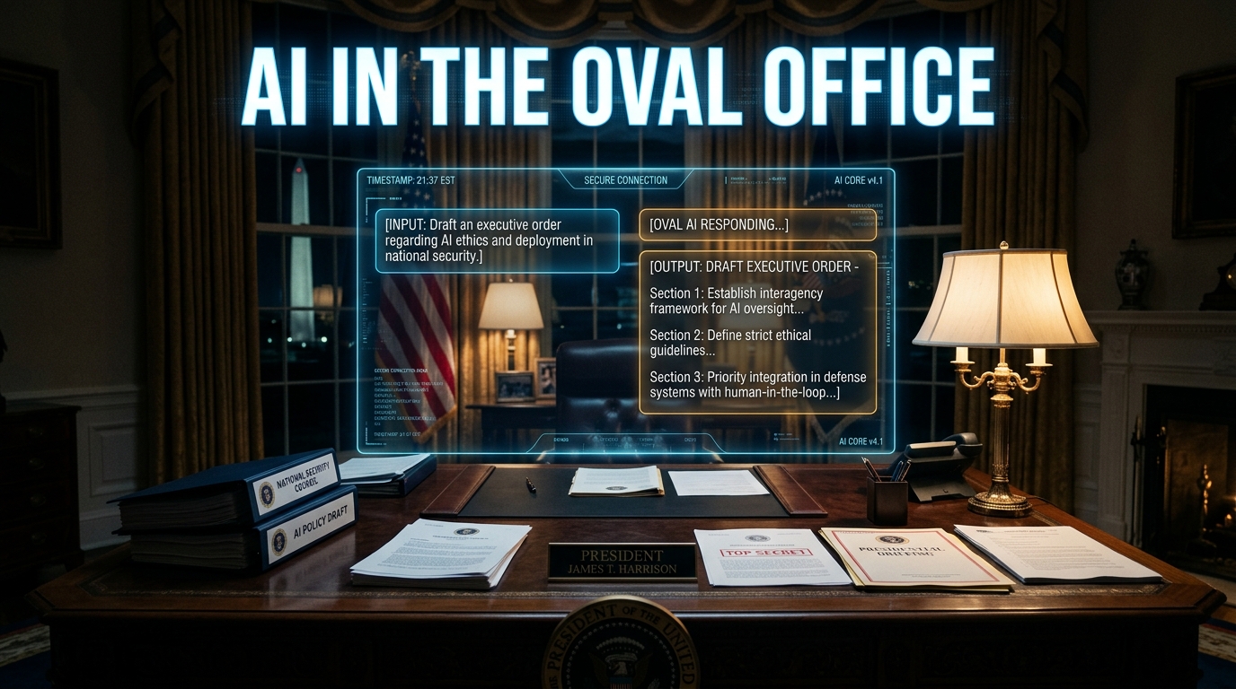 Digital interface displaying artificial intelligence code overlaid on an executive desk with official documents
