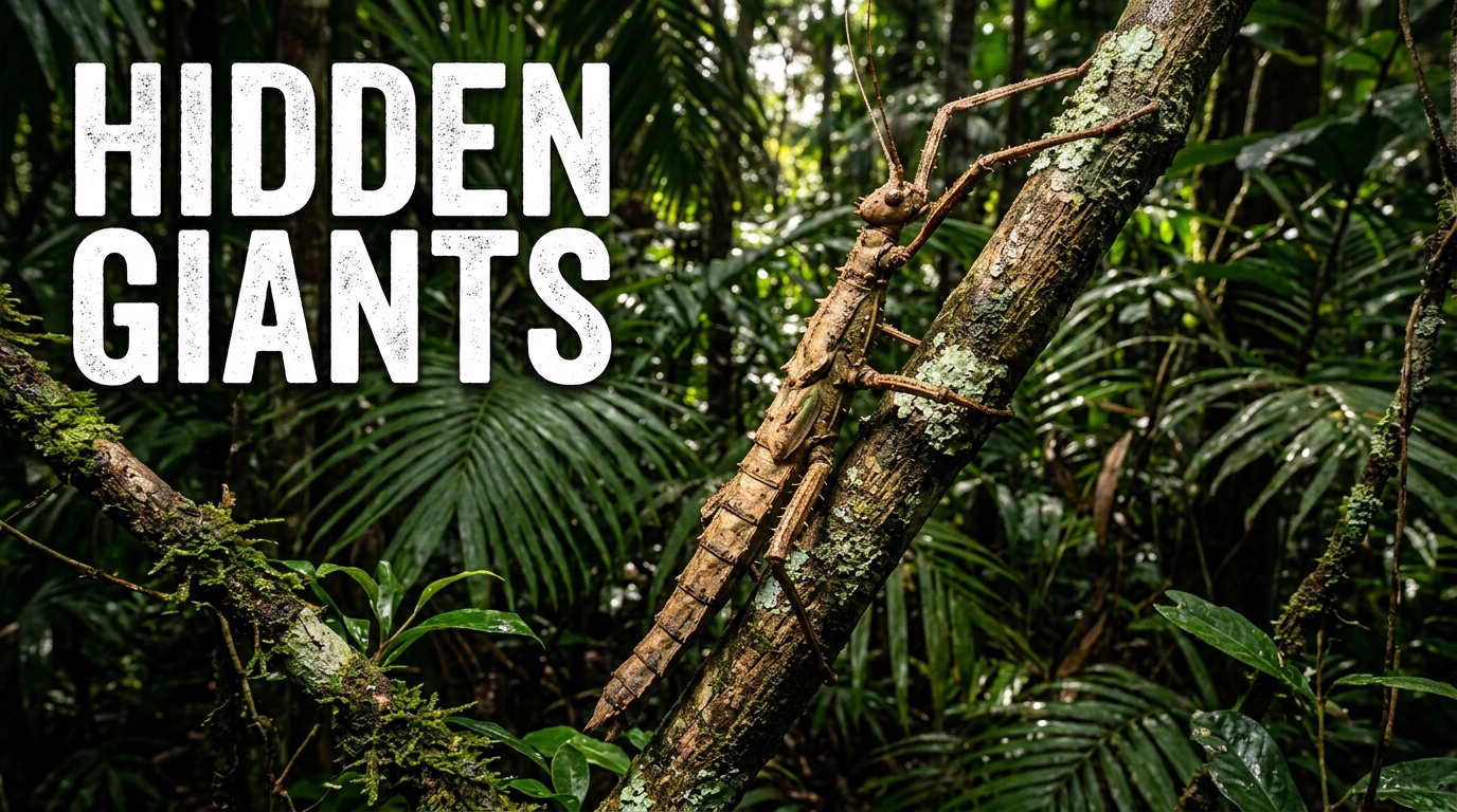 Close-up of a giant Australian stick insect resting on a green rainforest branch