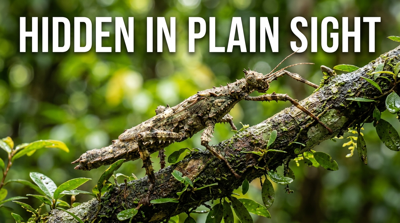 A large camouflaged stick insect perched along a green tree branch in a rainforest canopy