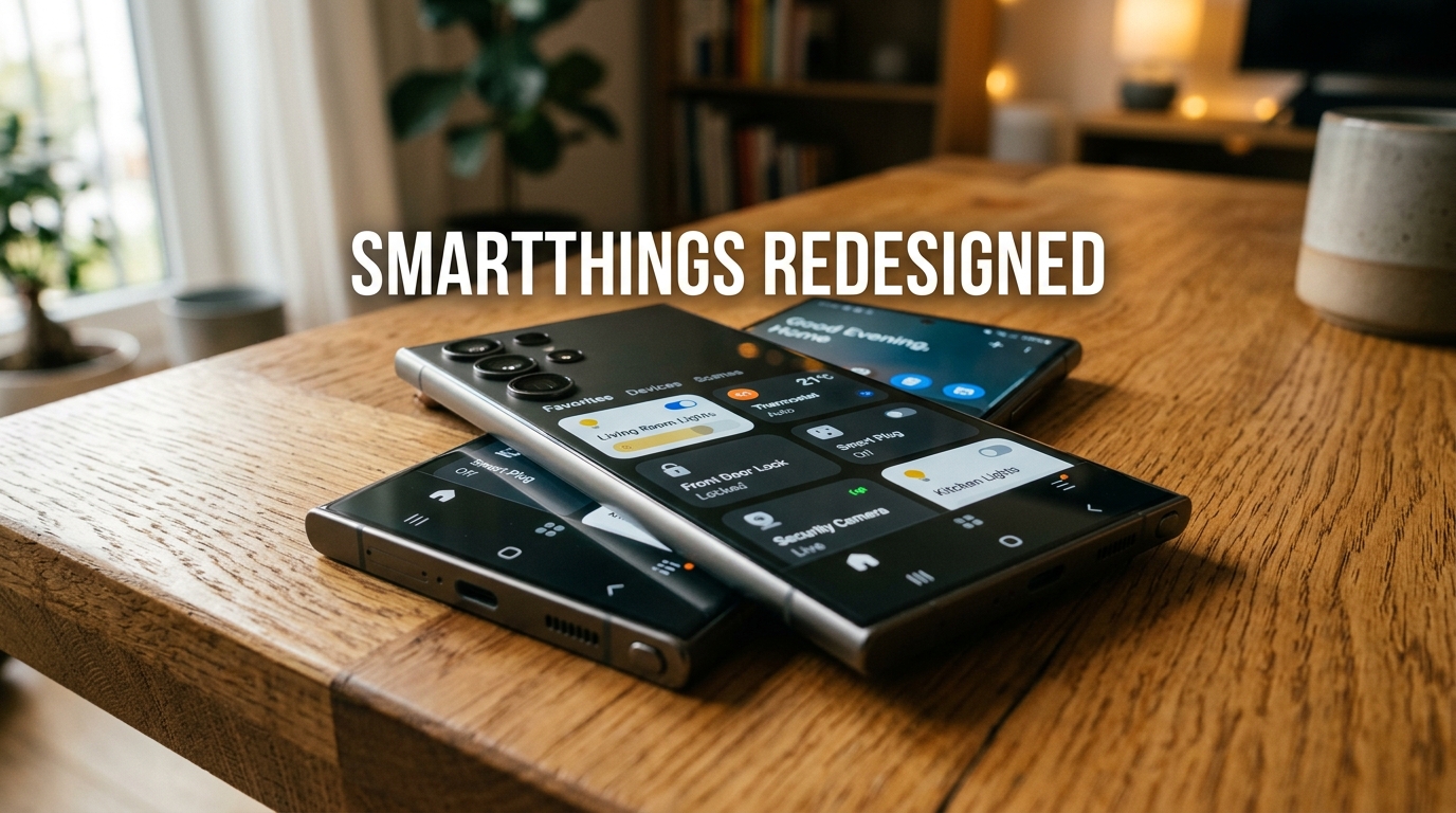 A modern smartphone running the redesigned Samsung SmartThings app interface on its screen.