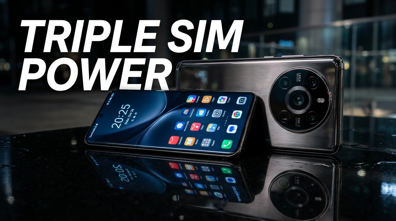 Huawei Mate 90 Pro Max smartphone showing triple rear camera module on a dark background