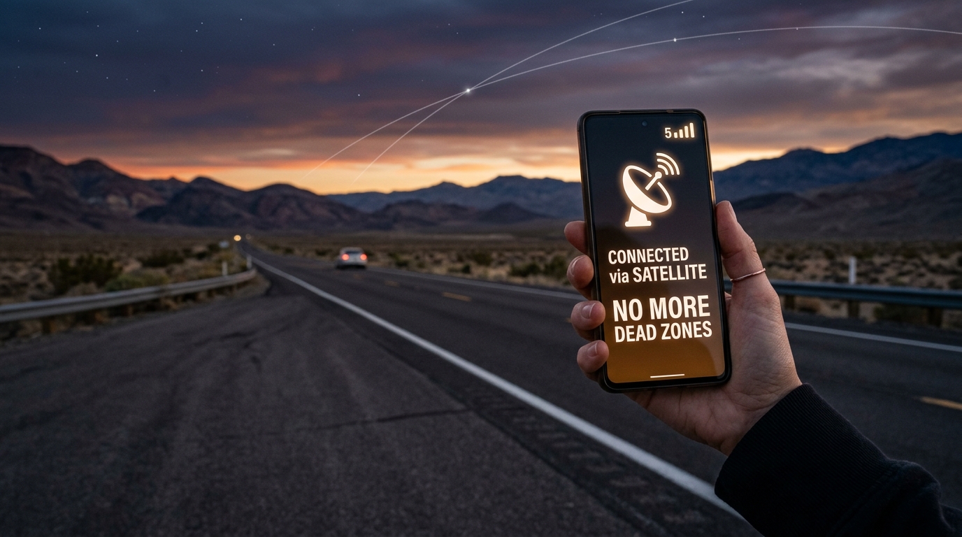 Smartphone displaying a satellite connectivity status icon while held against a rural landscape background