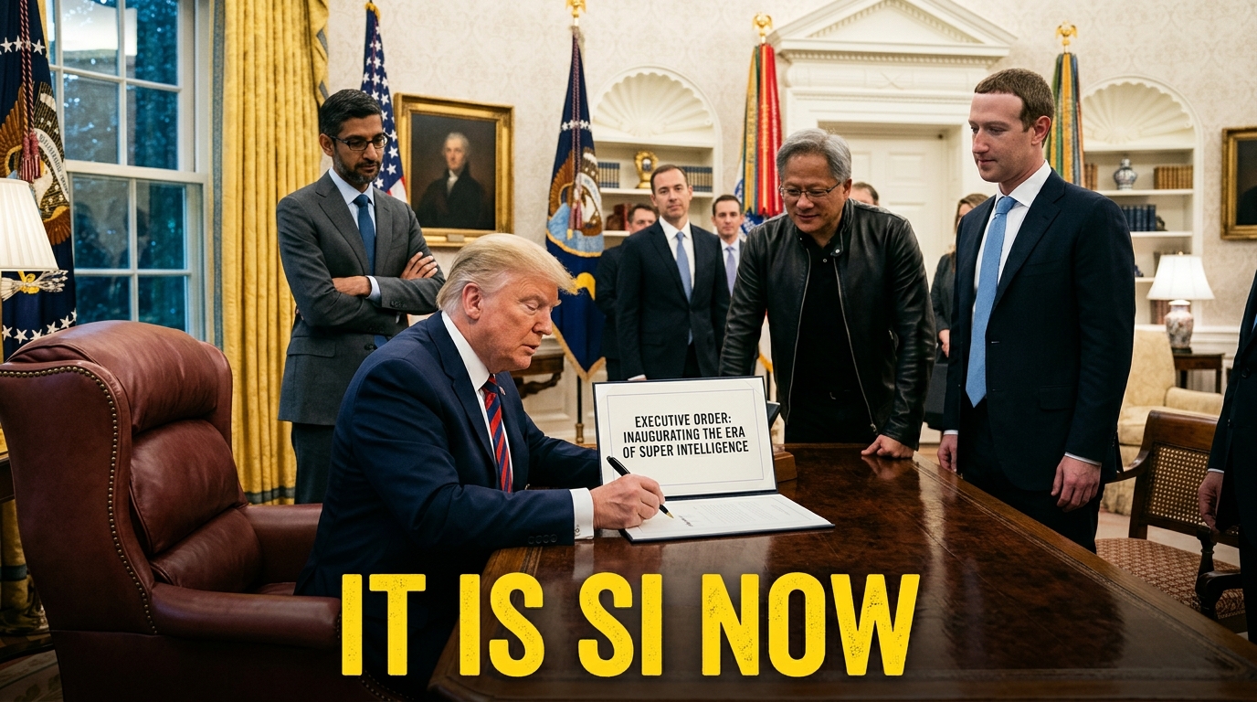 Donald Trump signing the Super Intelligence executive order alongside tech executives at the White House