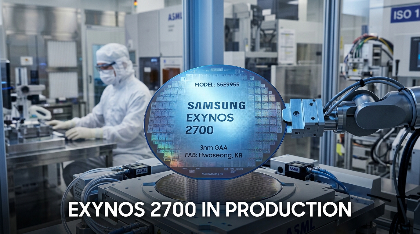 Close-up rendering of a Samsung 2nm silicon mobile processor wafer alongside a flagship smartphone silhouette