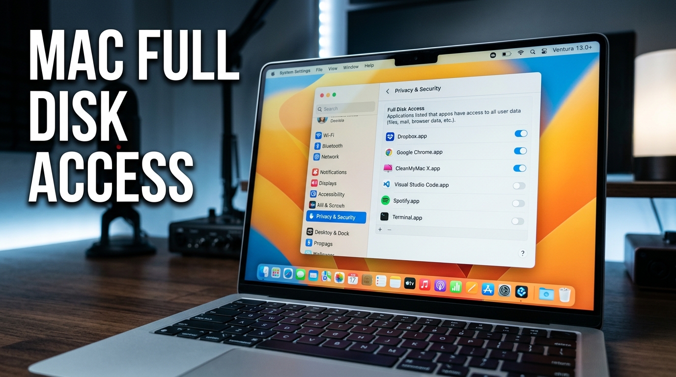 A Mac displaying the macOS Privacy and Security system settings panel with Full Disk Access toggles