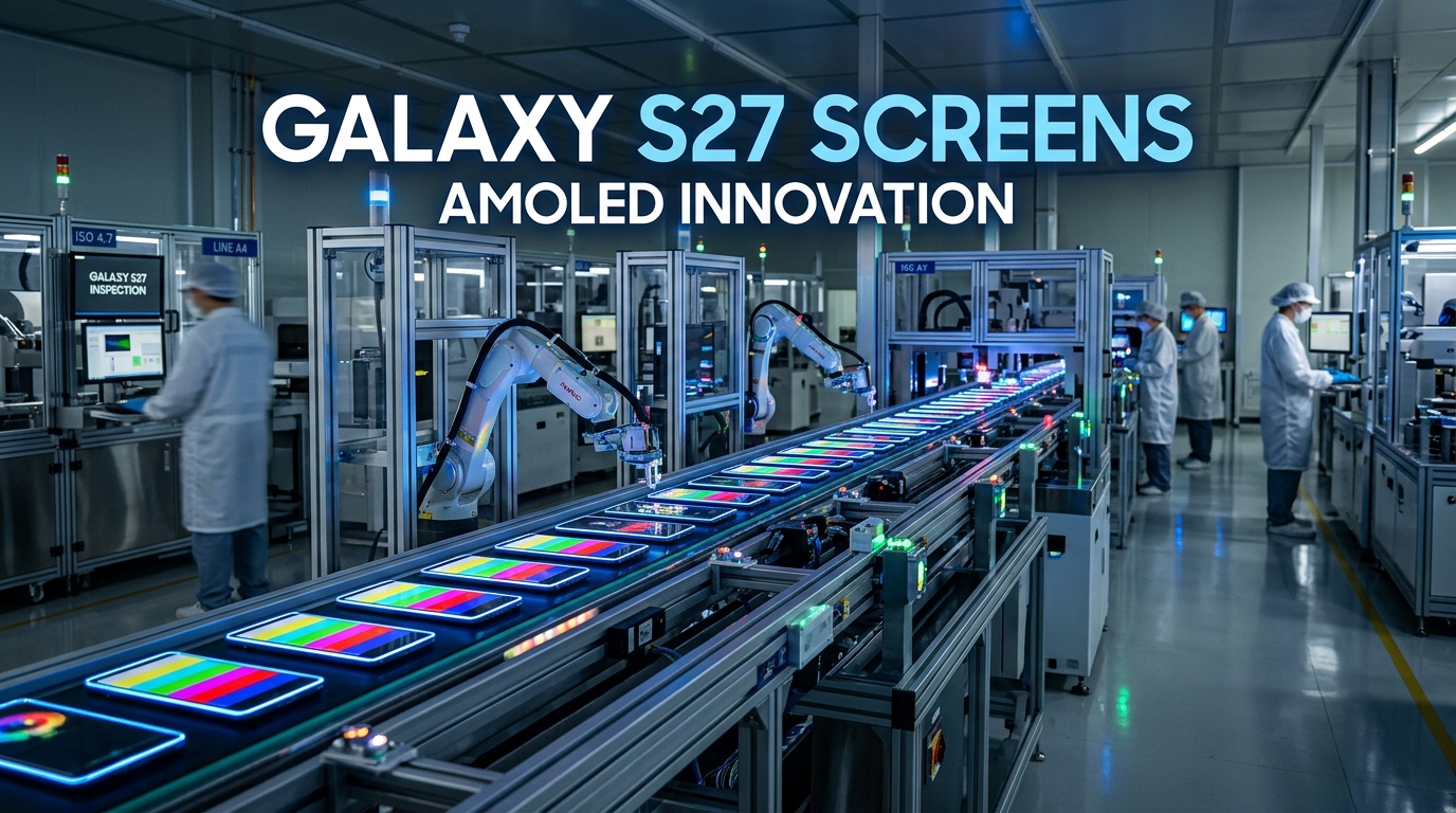 Close-up of Samsung AMOLED smartphone display glass under production lighting