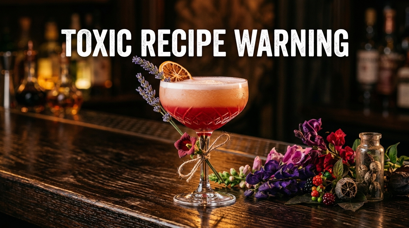 Close up of an ornamental cocktail glass on a dark counter alongside dangerous floral botanicals