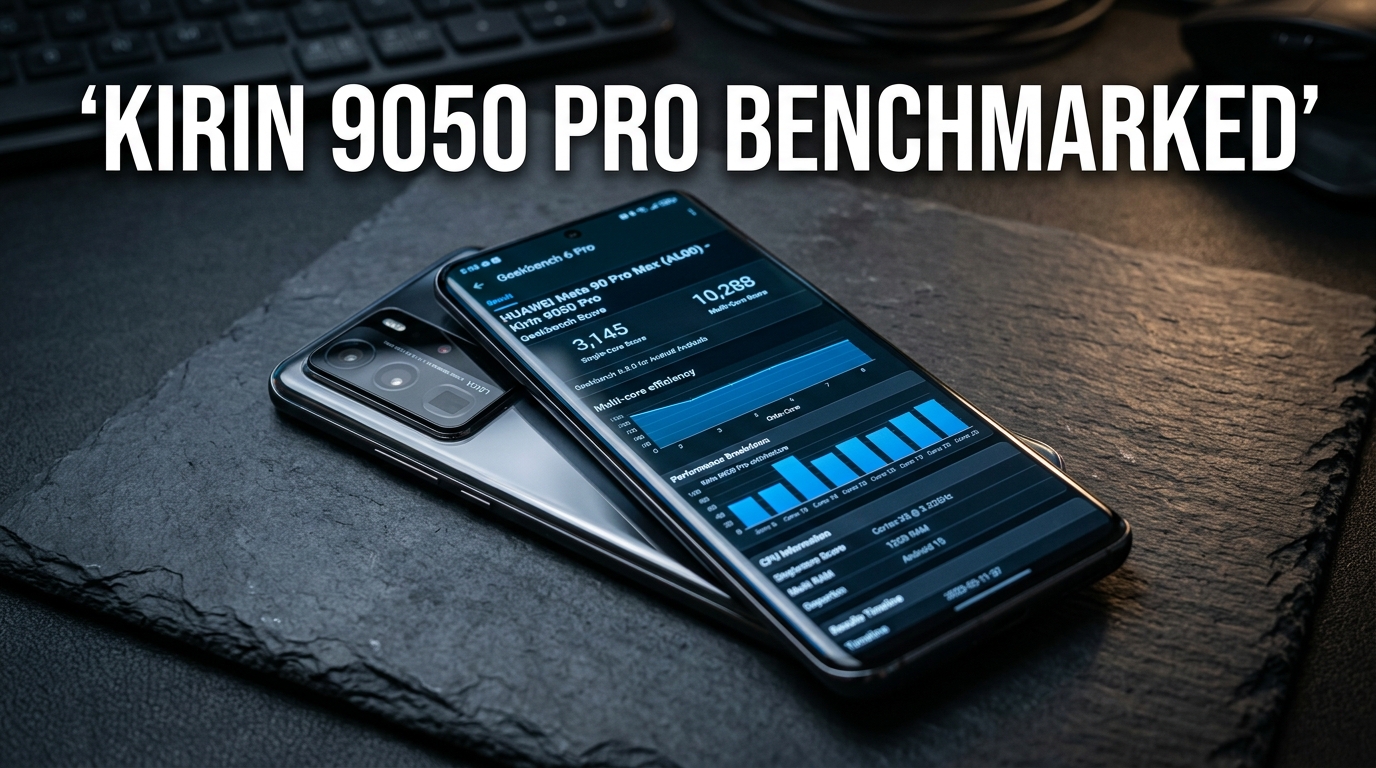 Huawei Mate 90 Pro Max smartphone resting on a surface showing processor specification details on screen