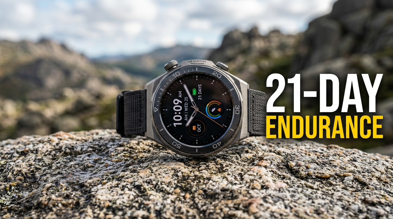 Huawei Watch GT 7 Pro titanium smartwatch resting on a dark slate surface showing its bright AMOLED display
