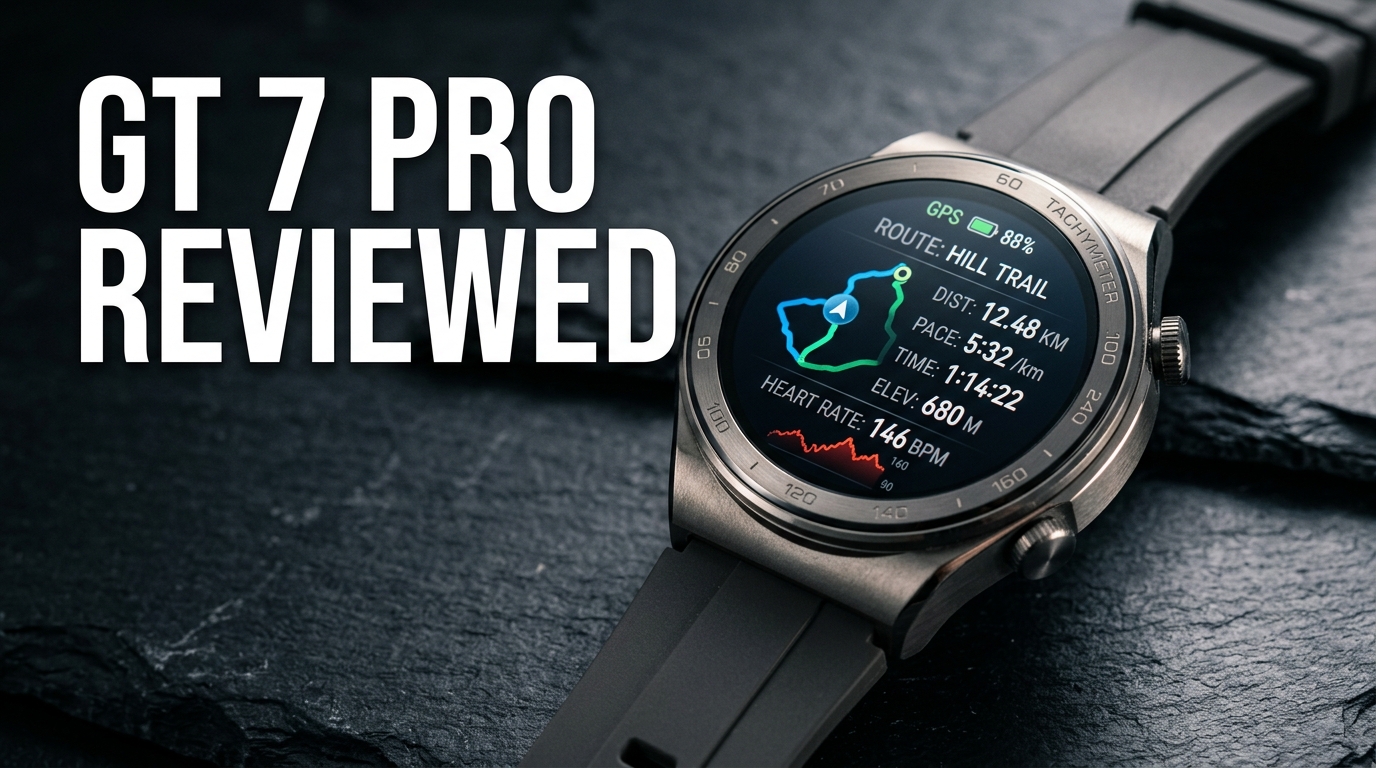 Huawei Watch GT 7 Pro titanium smartwatch resting on a stone surface
