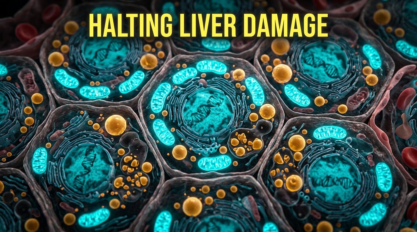 Digital microscopic visualization of liver cells showing mitochondria and lipid breakdown