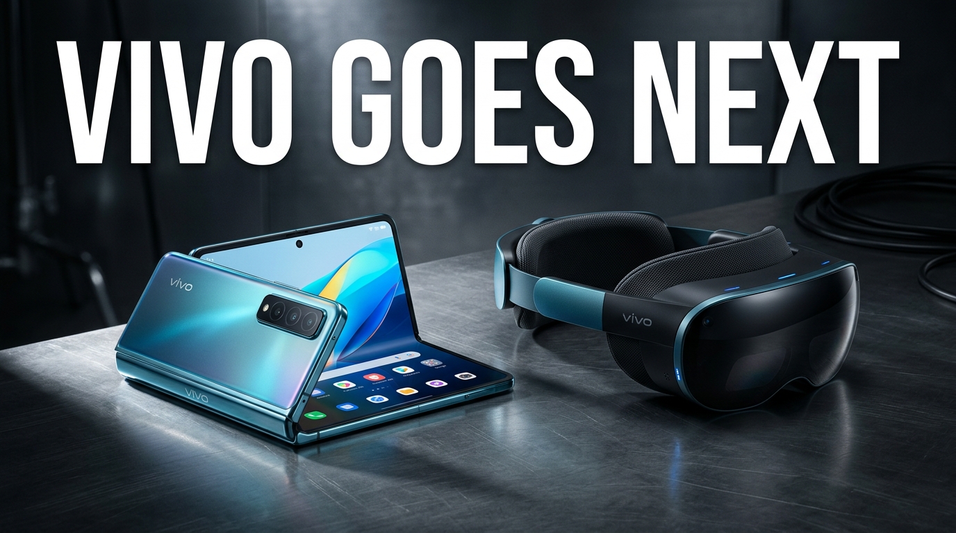 Vivo X Fold6 foldable phone shown in Nebula Teal next to a sleek mixed reality headset