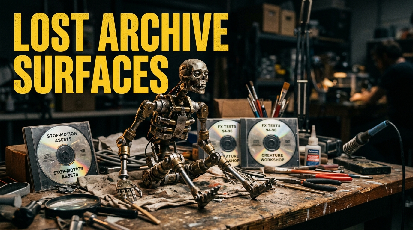 Vintage stop-motion puppet armature and optical effects equipment in an archival visual effects studio workshop setting
