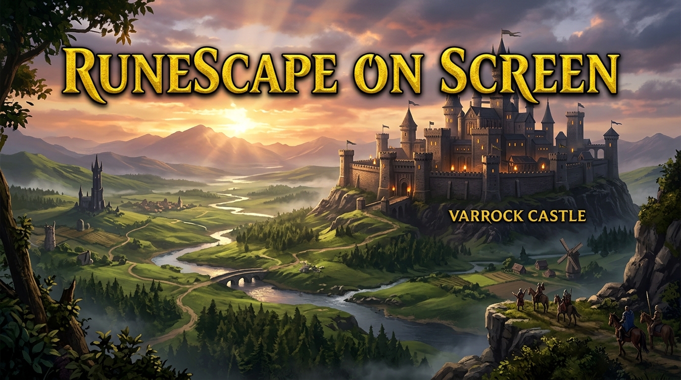 Atmospheric fantasy landscape inspired by the world of RuneScape with castles and medieval adventure elements