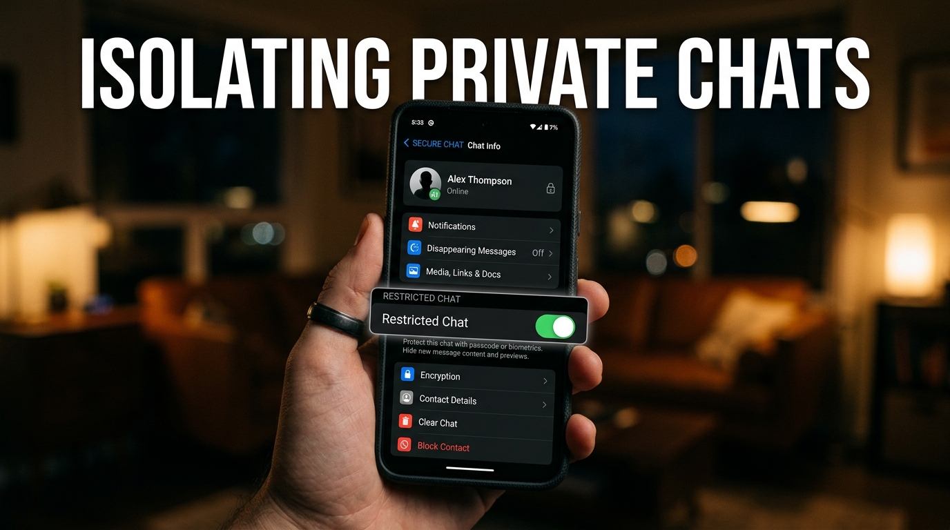 Close-up of a smartphone displaying a secure messaging chat settings screen with privacy controls