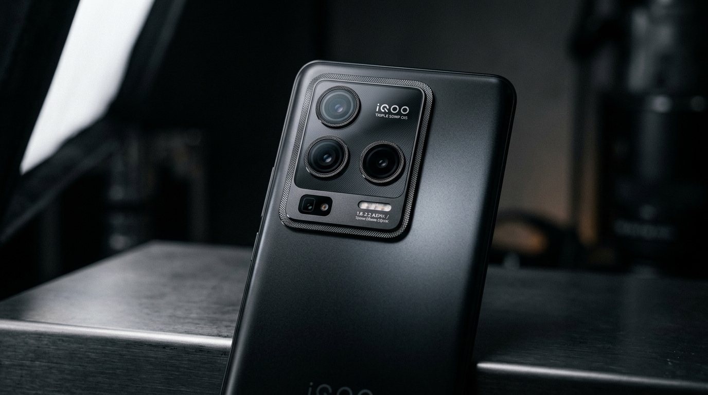 iQOO 16 smartphone showcasing its camera module on a reflective surface