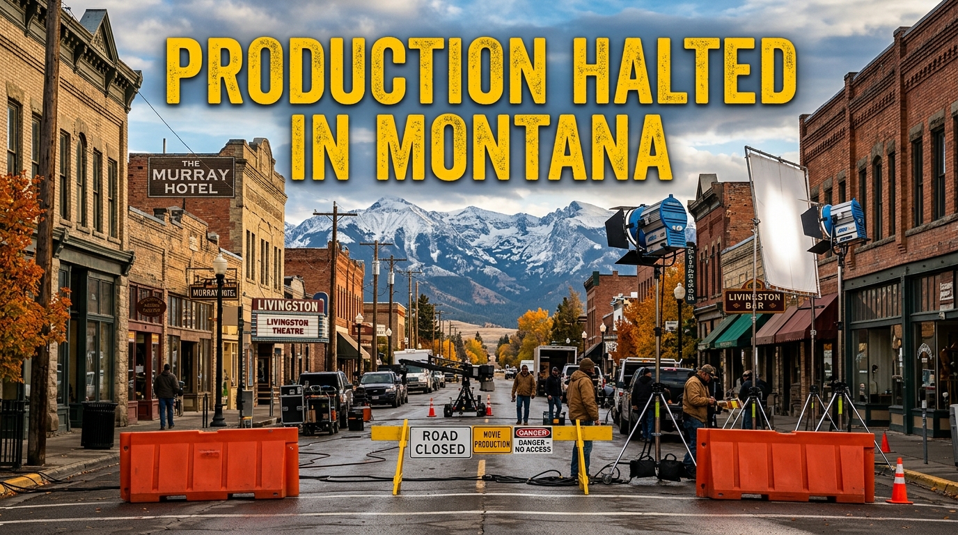 Downtown commercial street in Livingston Montana with barricades and film production equipment