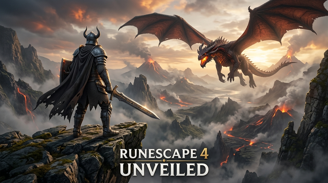Fantasy concept artwork depicting an adventurer confronting a dragon on a rocky cliff in Ashenfall