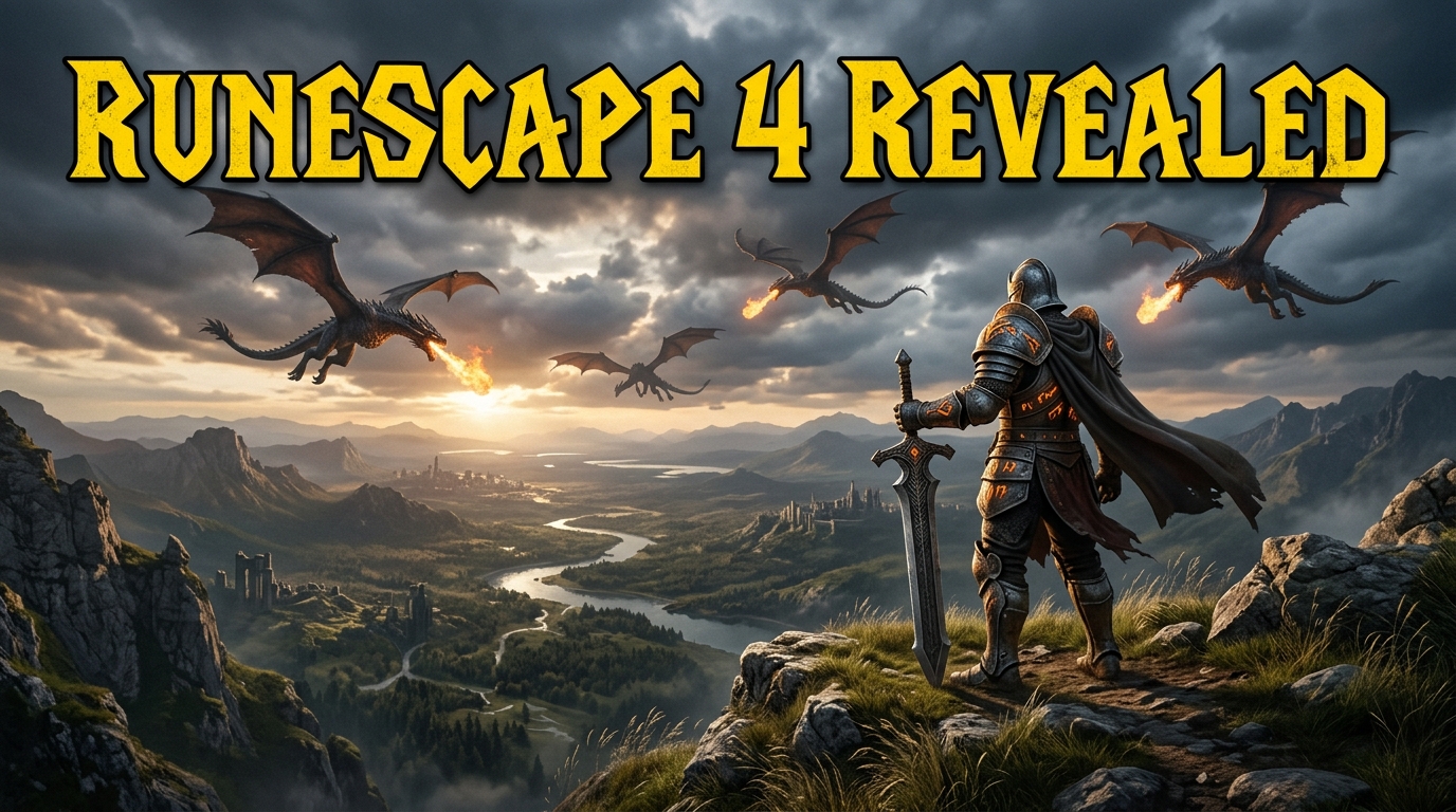 Fantasy adventurer overlooking a sweeping landscape with dragons soaring above ancient ruins