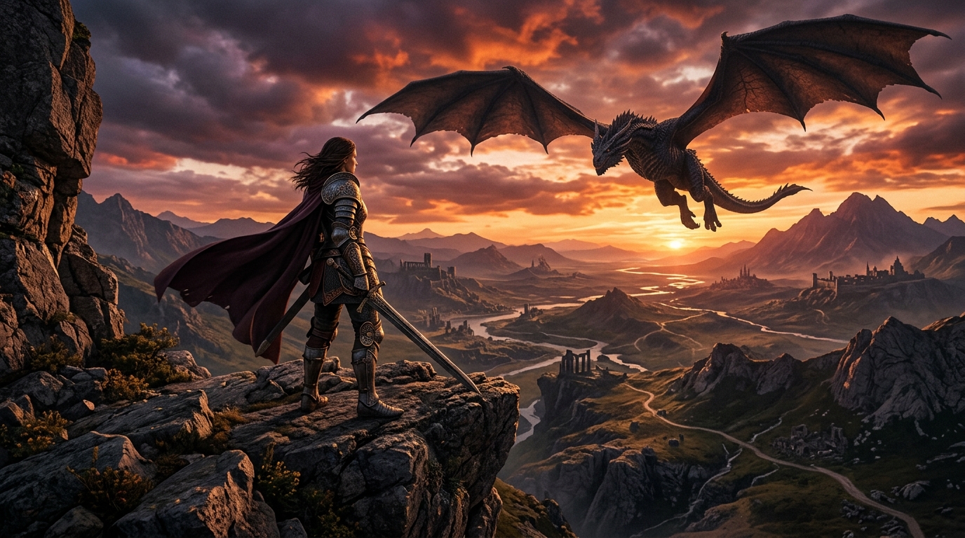Digital fantasy artwork depicting an adventurer confronting a dragon over the landscape of Ashenfall