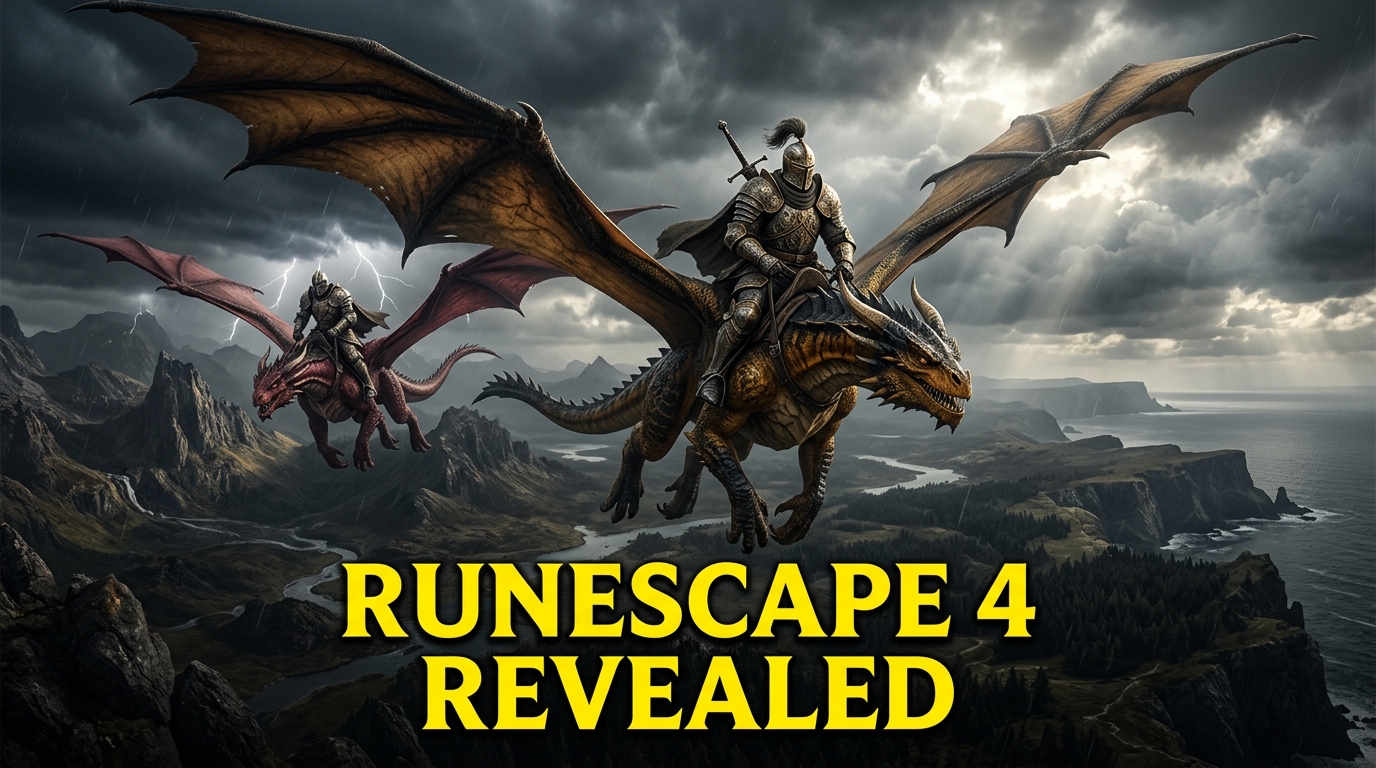 Fantasy adventurers flying dragons over the rugged landscapes of Ashenfall in RuneScape 4