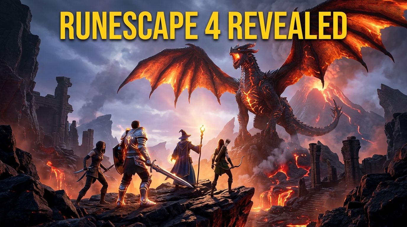 Fantasy landscape showing adventurers encountering a dragon in the Ashenfall region of Gielinor