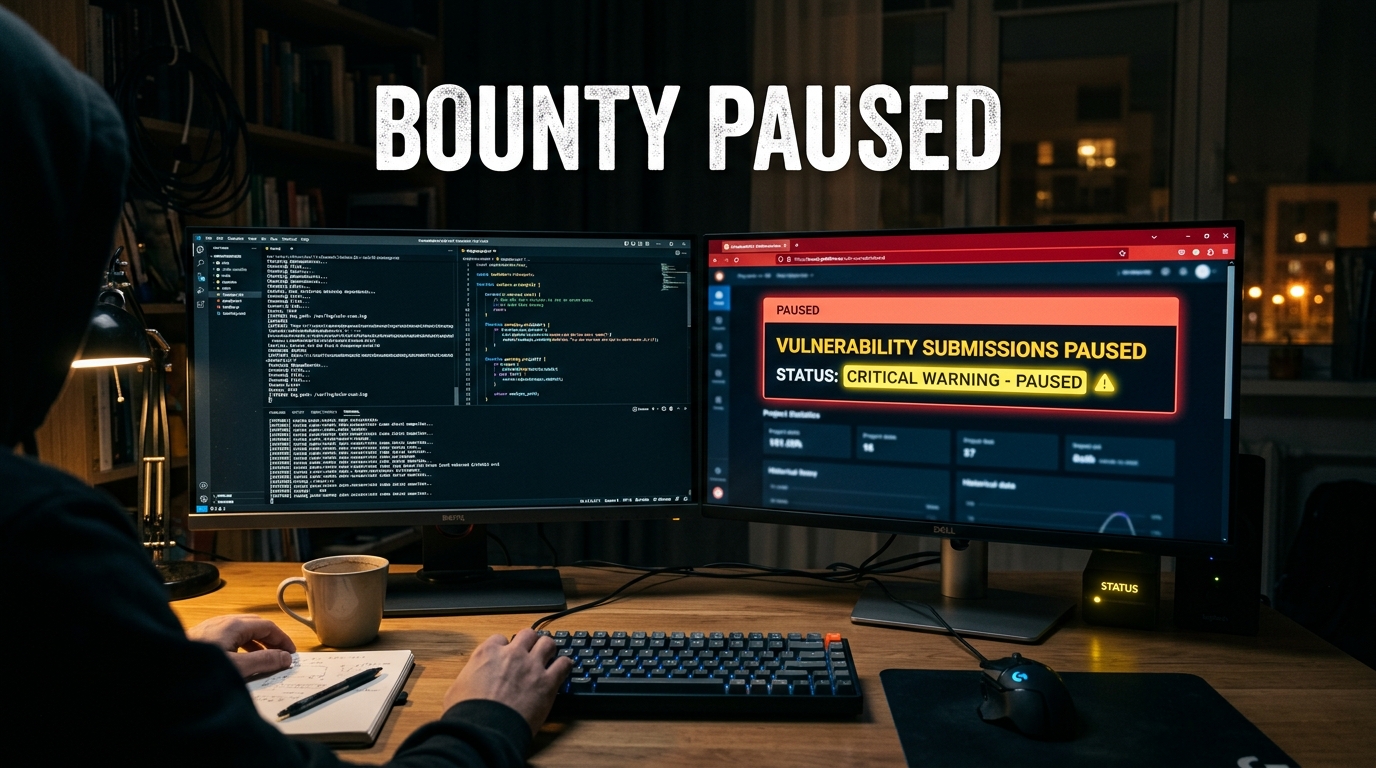 A security analyst workstation showing code editors and an alert message indicating paused bug bounty submissions