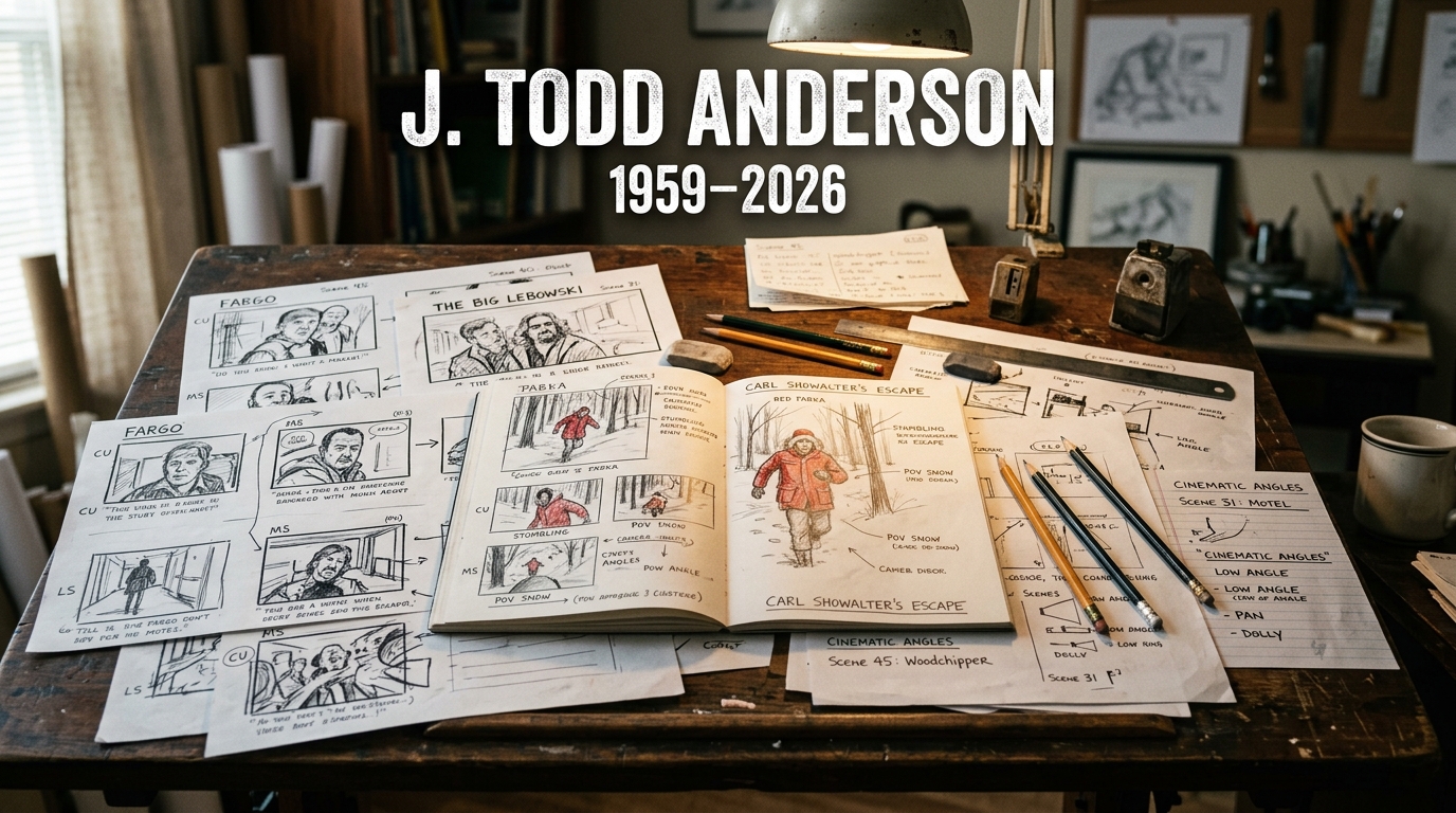 Film storyboard illustrations and production art materials on a director's desk