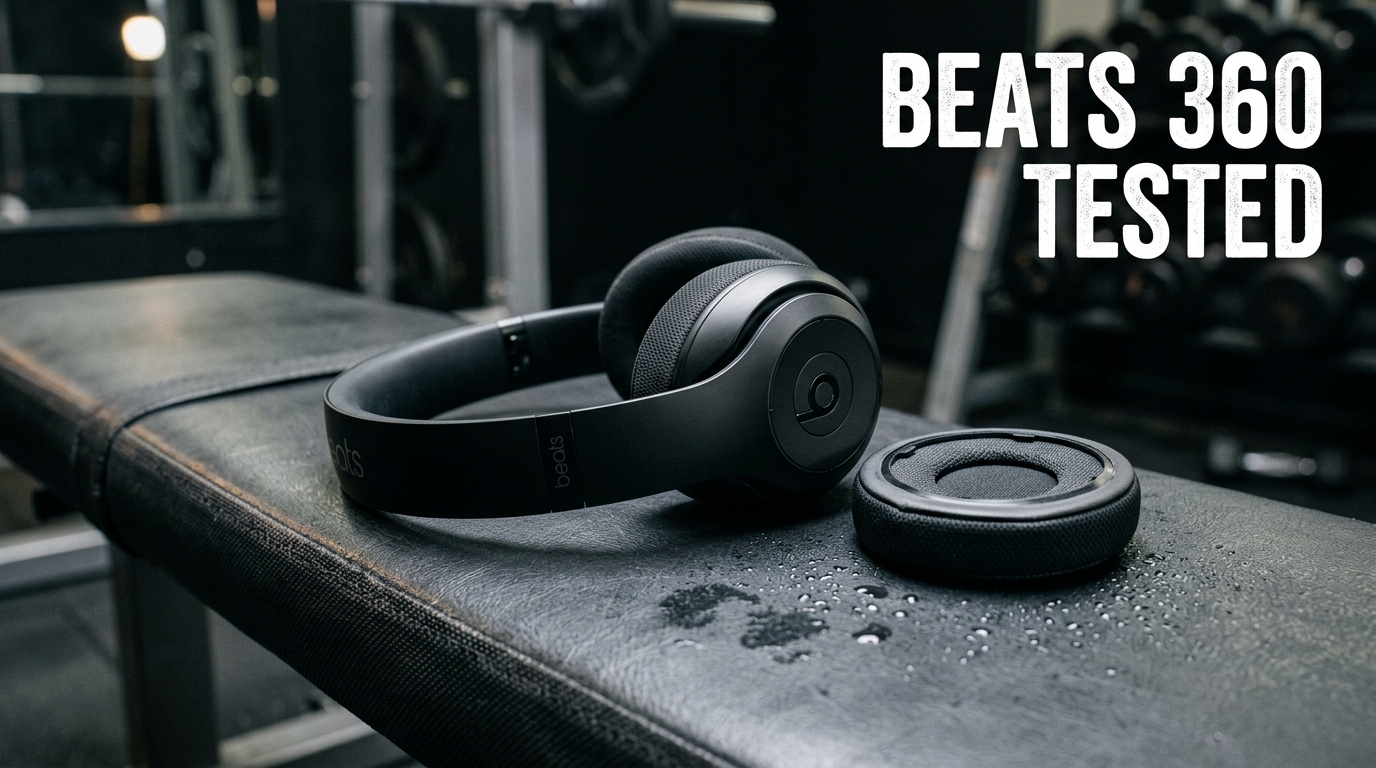 Matte black Beats 360 over-ear headphones on a reflective gym surface showing replaceable ear pads