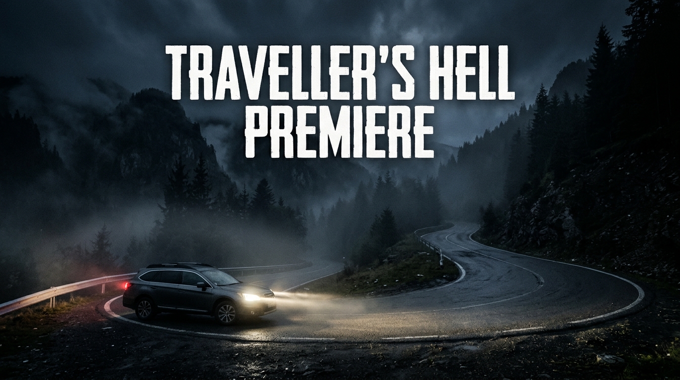 A vehicle parked on a dark mountain road at night