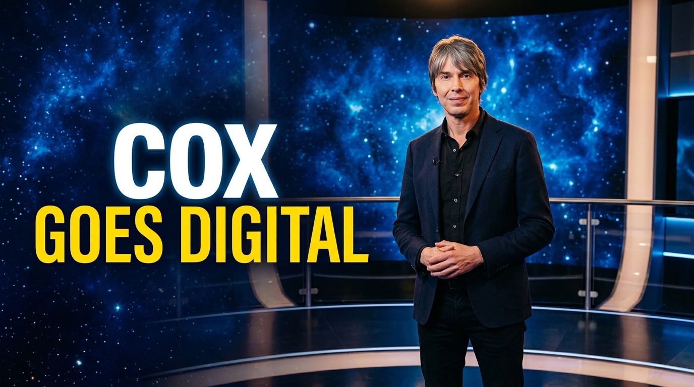 Professor Brian Cox on a modern production stage with cosmic visual graphics in the background