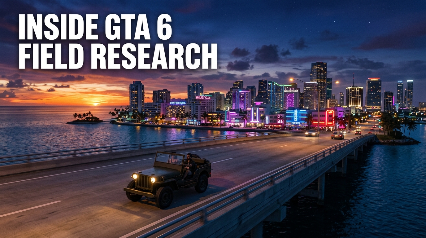 Overhead aerial view of a neon-lit coastal highway in a Vice City inspired metropolis at dusk