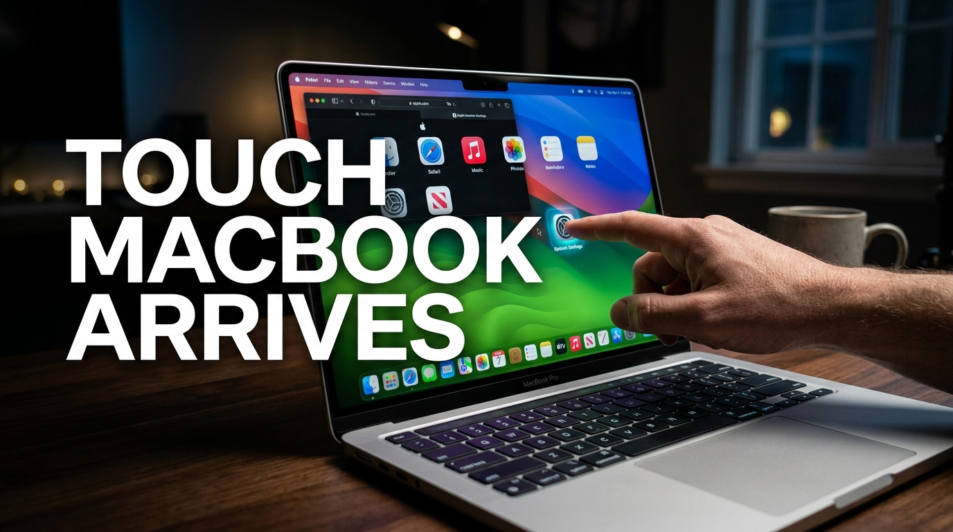 A sleek MacBook Pro displaying an OLED screen being touched by a finger.