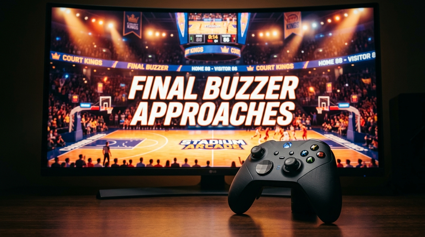 A basketball court inside a digital arena with game mode menus in the background