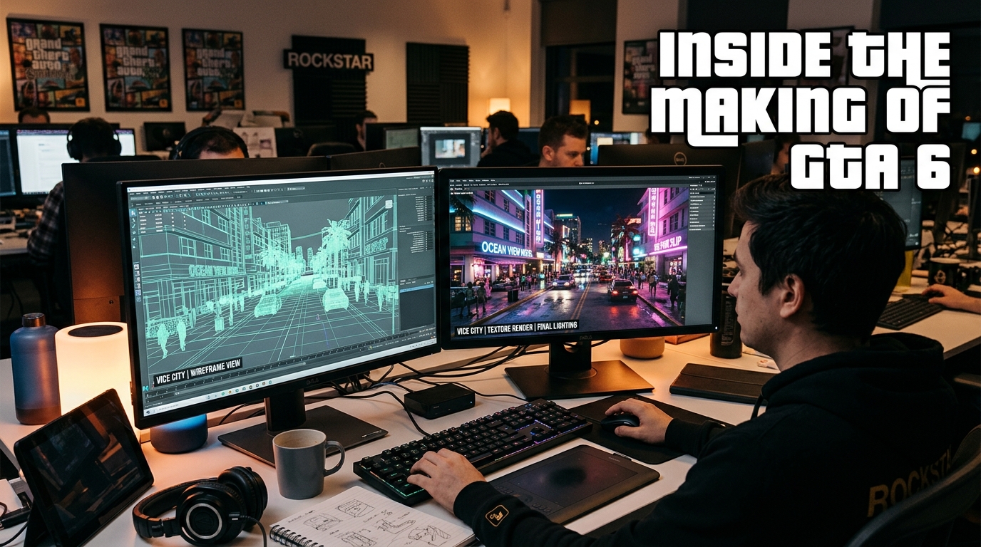Rockstar Games studio office setting showcasing game development monitors and design materials